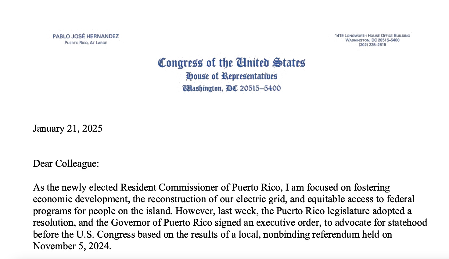 The Resident Commissioner's "Dear Colleague" Letter Puerto Rico 51st